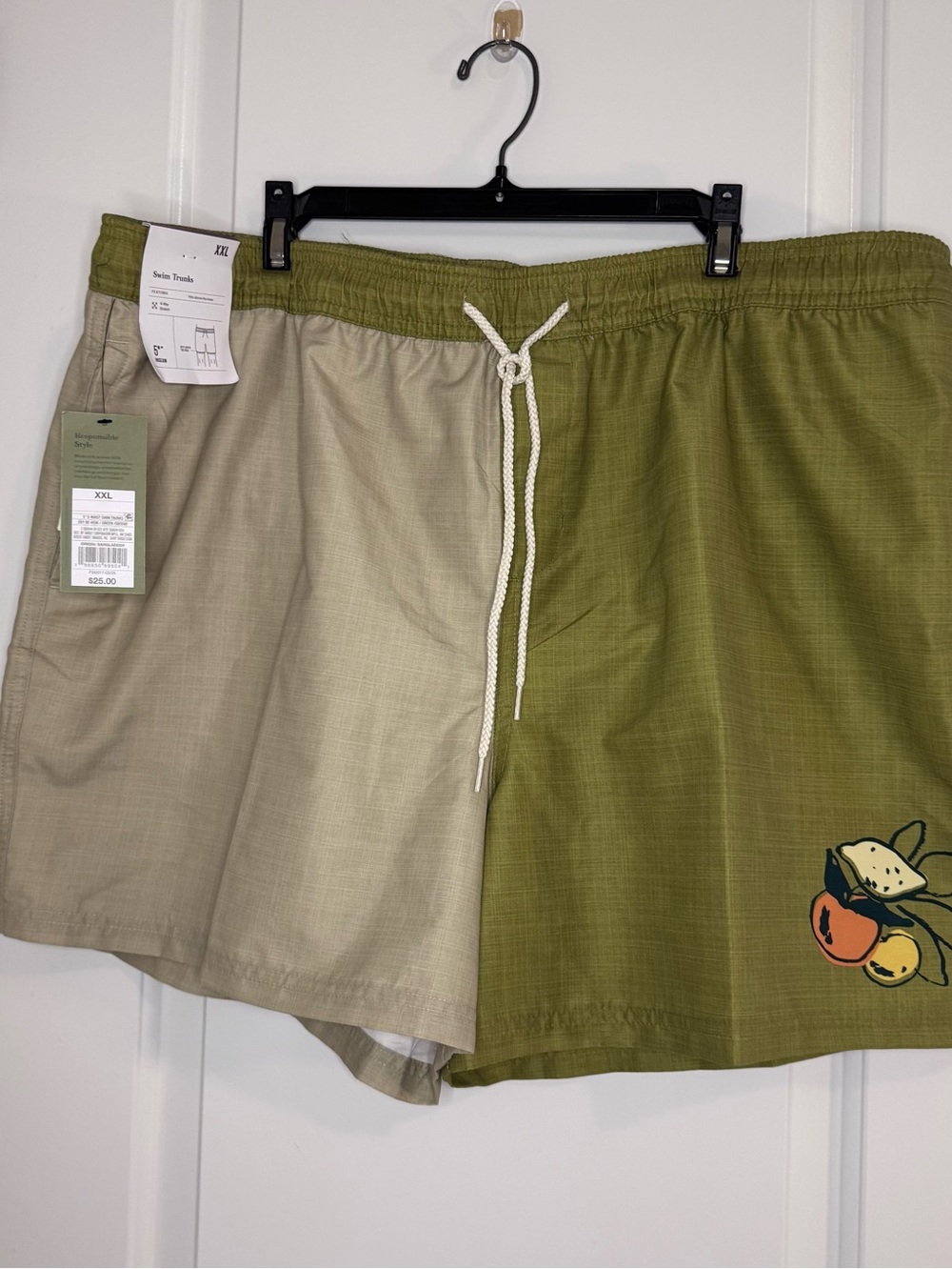 NWT Good Fellow Men's Swim Shorts XXL Green/Beige Elastic Waist Drawstring Lined